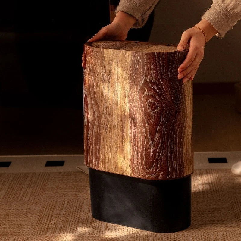 Wood Grain Trash Can with Lid Bathroom Litter Bins Large Capacity Wastebasket Living Room Toilet Retro Household Recycle Bin