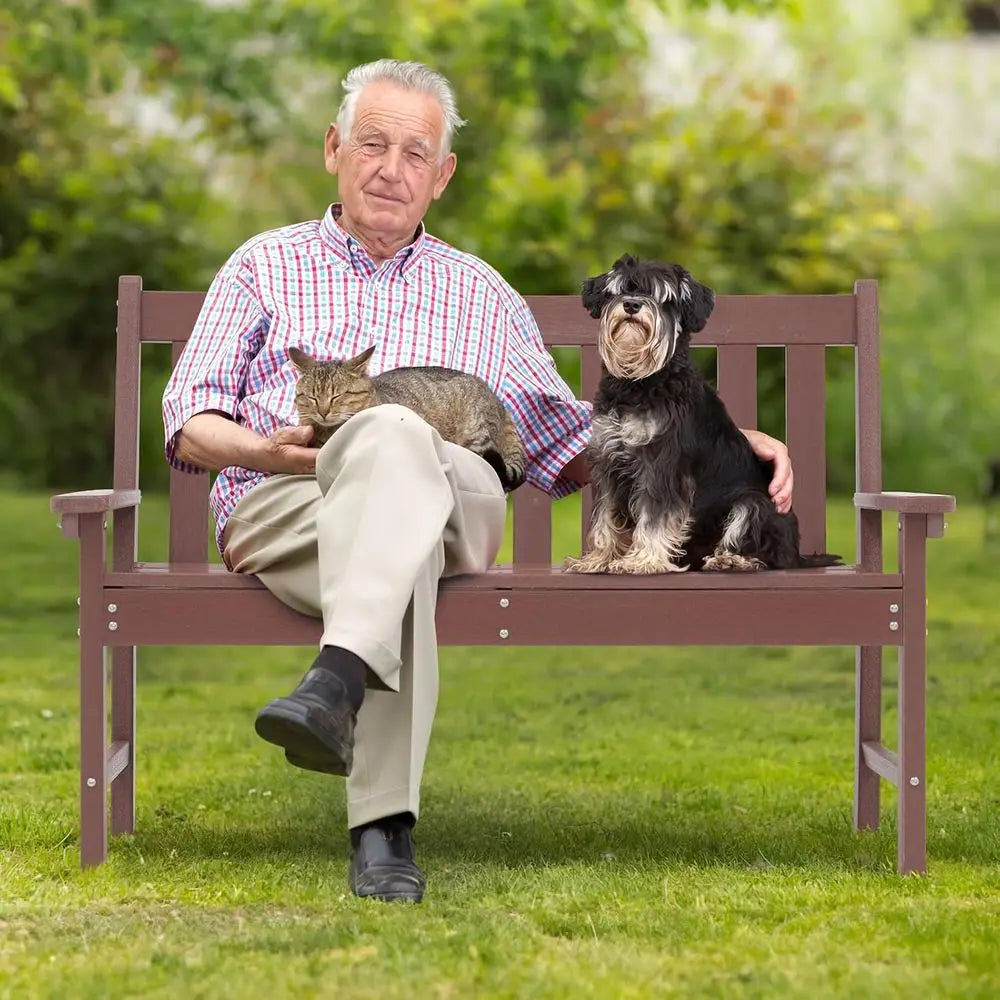 Weather-Resistant HDPE 2-Person Patio Bench with Wood Grain, Suitable for Lawn, Park, Backyard, and Entryway in Brown