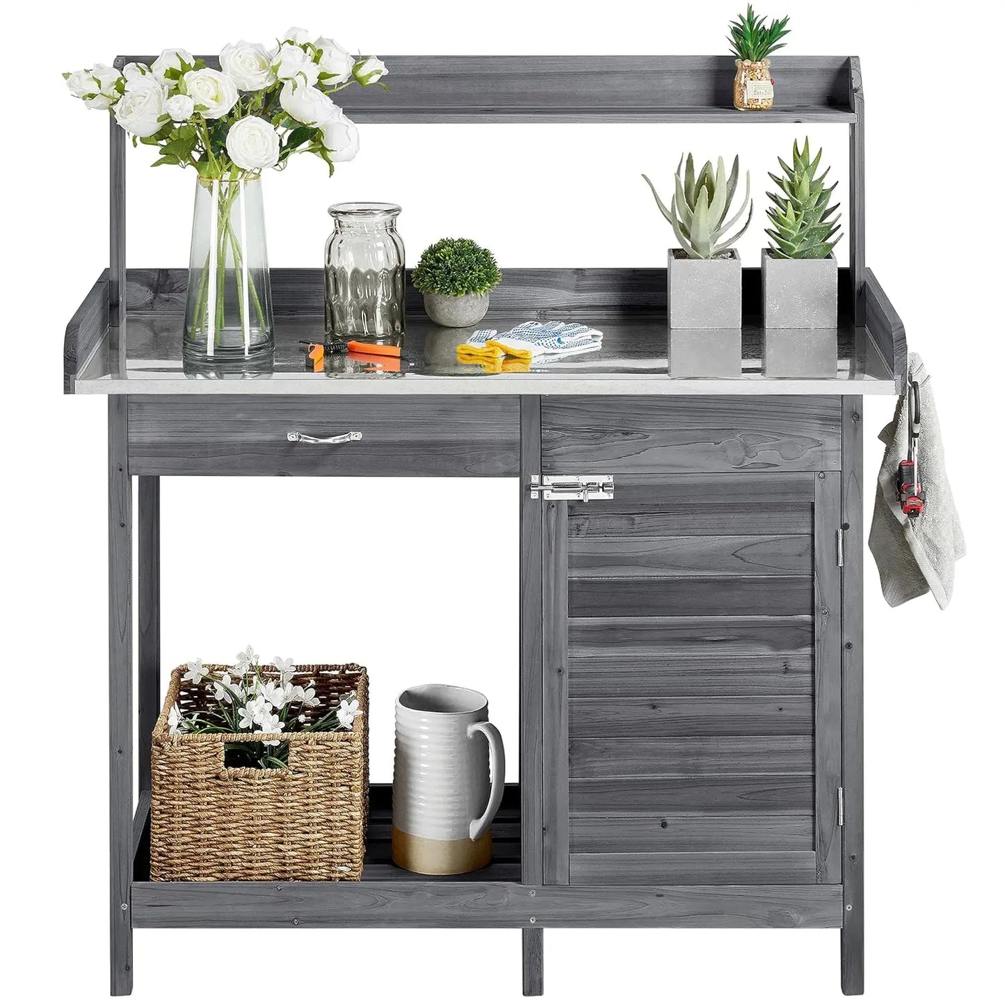 Outdoor Garden Workbench, Garden Worktable with Metal Tabletop, Cabinet Drawers, Open Countertop, Customizable