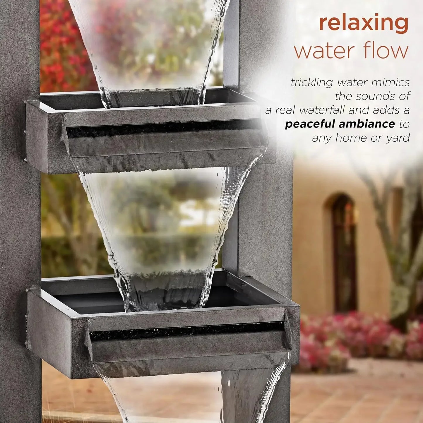 43" Tall Multi-Tier Waterfall Fountain - Industrial Style Water Feature for Garden, Patio, Yard, Backyard, Relaxing Water Flow,