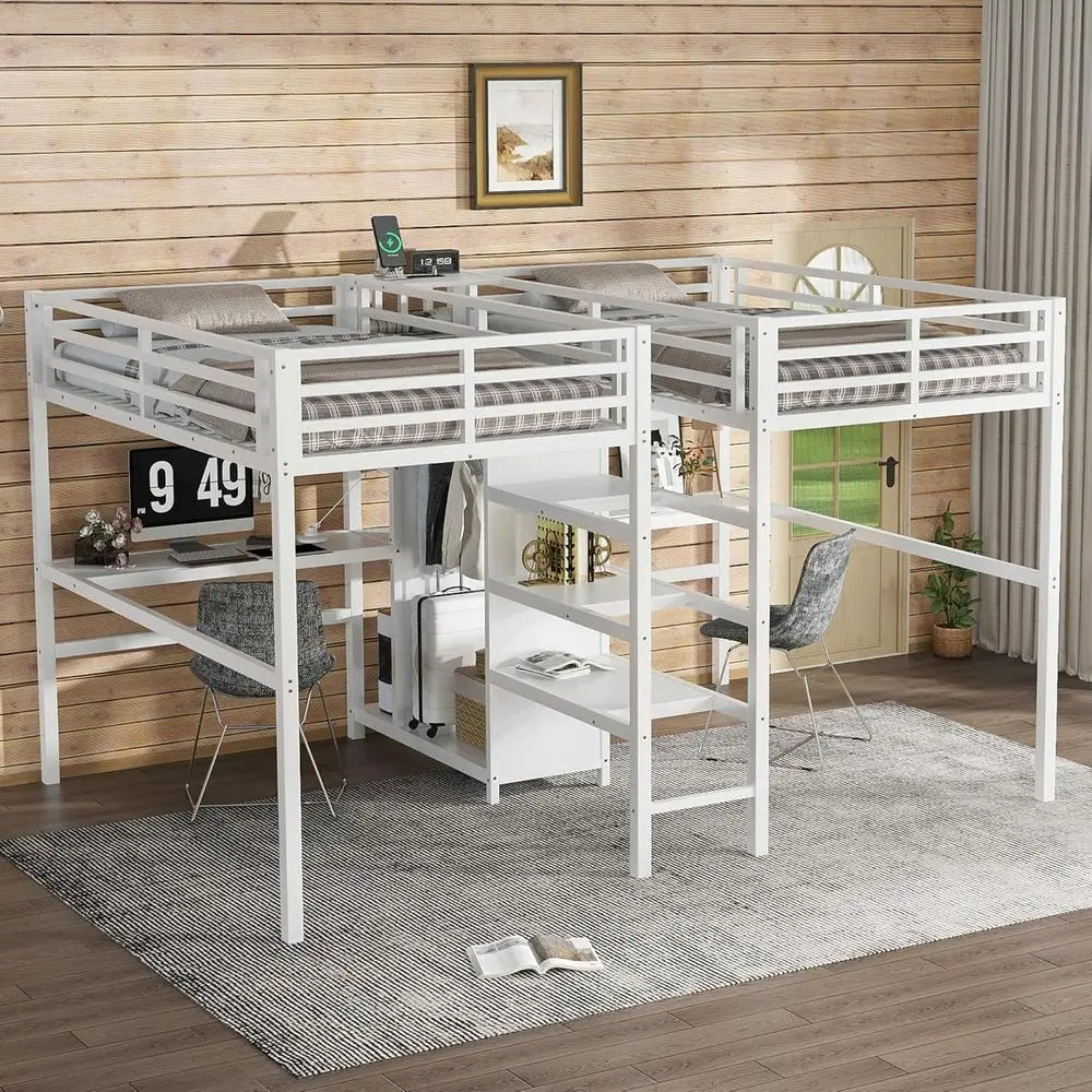 Twin Size Metal Bunk Bed with Desk, Charging Station, Wardrobe, and Storage Shelves, White