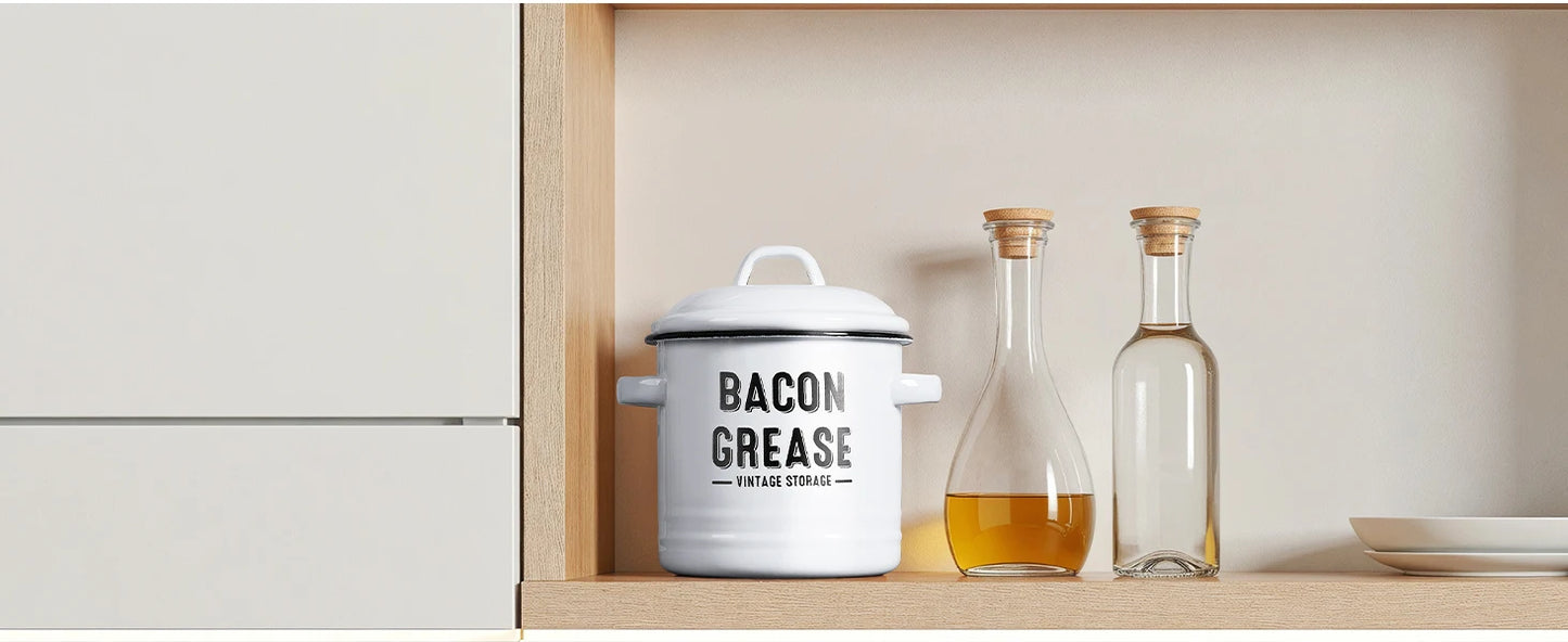 Bacon Grease Container with Strainer - Large 46OZ Red Kitchen Oil Storage Can, Food Saver Bin with Lid | Farmhouse Pot White