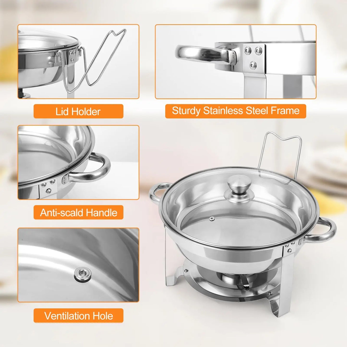 2/4Pack 5QT Round Stainless Steel Chafing Dishes – Buffet Food Warmer Set with Visible Glass Lids, Food & Water Pans, Buffet Server – Perfect for Parties, Weddings, Catering ﻿