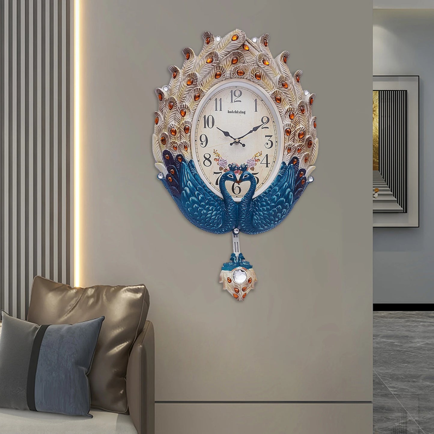 Blue Peacock Wall Clock,Silent Wall-mounted Metal Pendulum Clock 37*60cm with Luxury Crystal for Living Room,Hallways