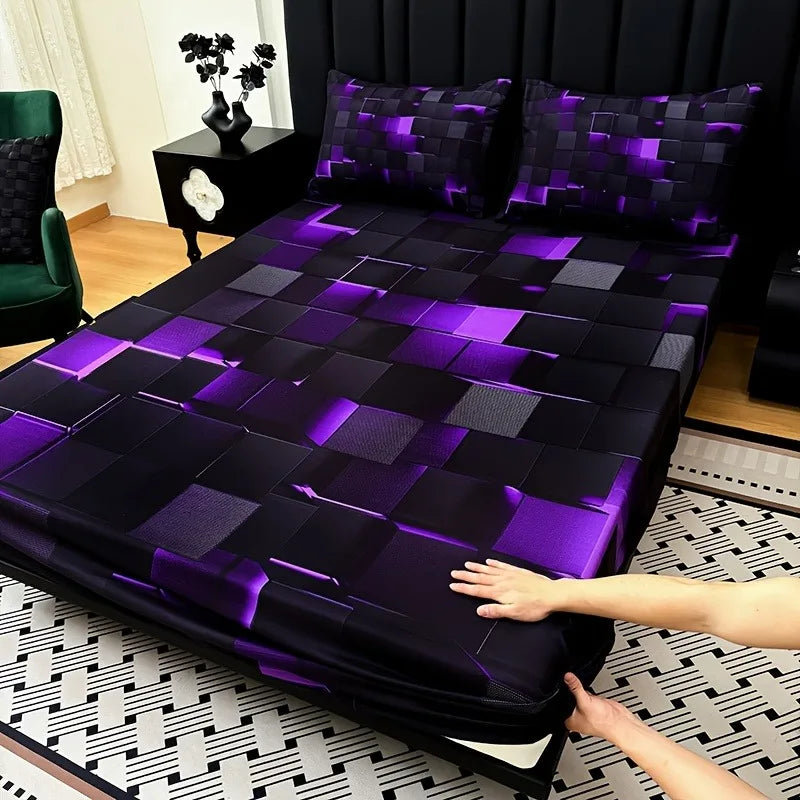 3pcs Cool Technology Digital Printing Material Plaid Fitted Sheet(1pc Bed Sheet+2pcs Pillowcase No Filling) Deep Pocket In 15 In