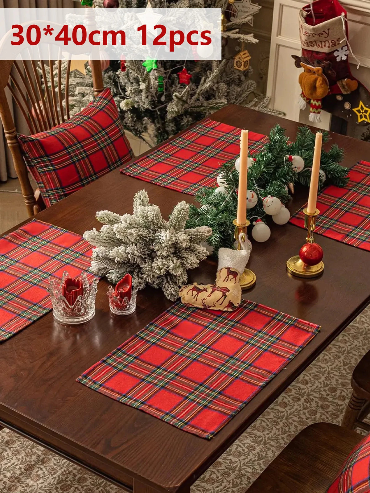2/4/6Pcs Christmas Tartan Plaid Placemats Washable Table Mats for Holiday Dining Table Decor