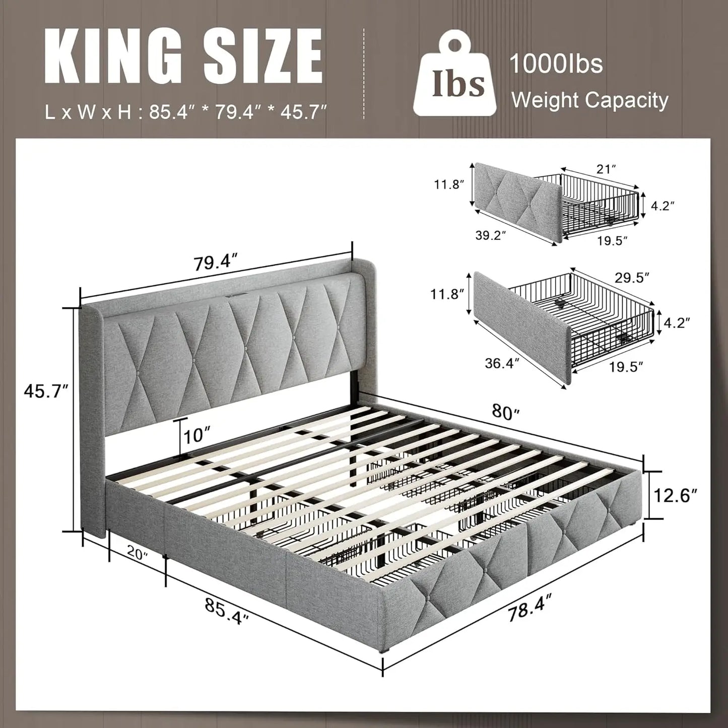 Bed Frame with 4 Storage Drawers and Charging Station Upholstered Platform Bed Frame with Storage Headboard No Box Spring Needed