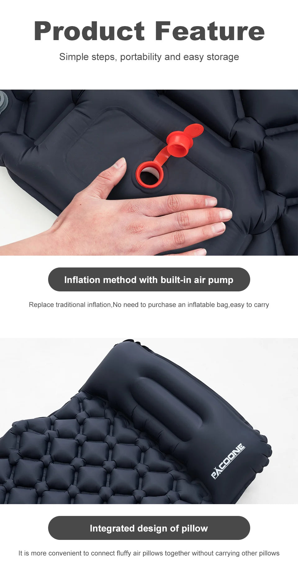 PACOONE Outdoor Sleeping Pad Camping Inflatable Mattress Built-in Pump Ultralight Air Cushion Travel Mat With Headrest For Trave