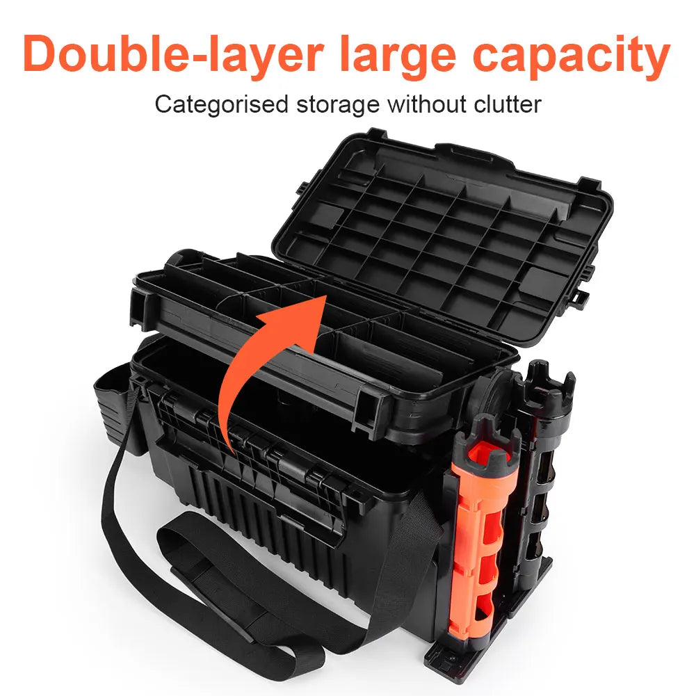 2 Tier Fishing Tackle Box Fishing Gear Box with Cup & Rod Holder Fishing Gear Carry Case Fishing Tool Box Fishing Accessories