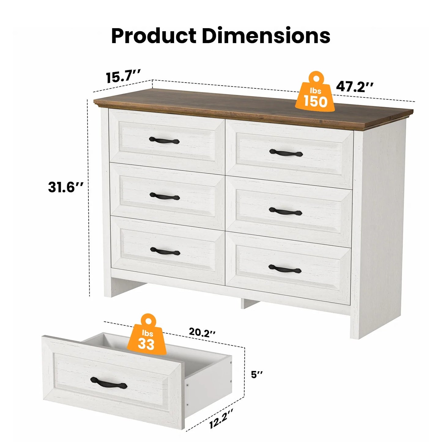 Farmhouse 6 Drawer Dresser for Bedroom, 47.2 Inch Wide Wood Dresser with Natural Texture, Large Drawers, Rustic Farmhouse Chest of Drawers for Bedroom, Living Room, Hallway