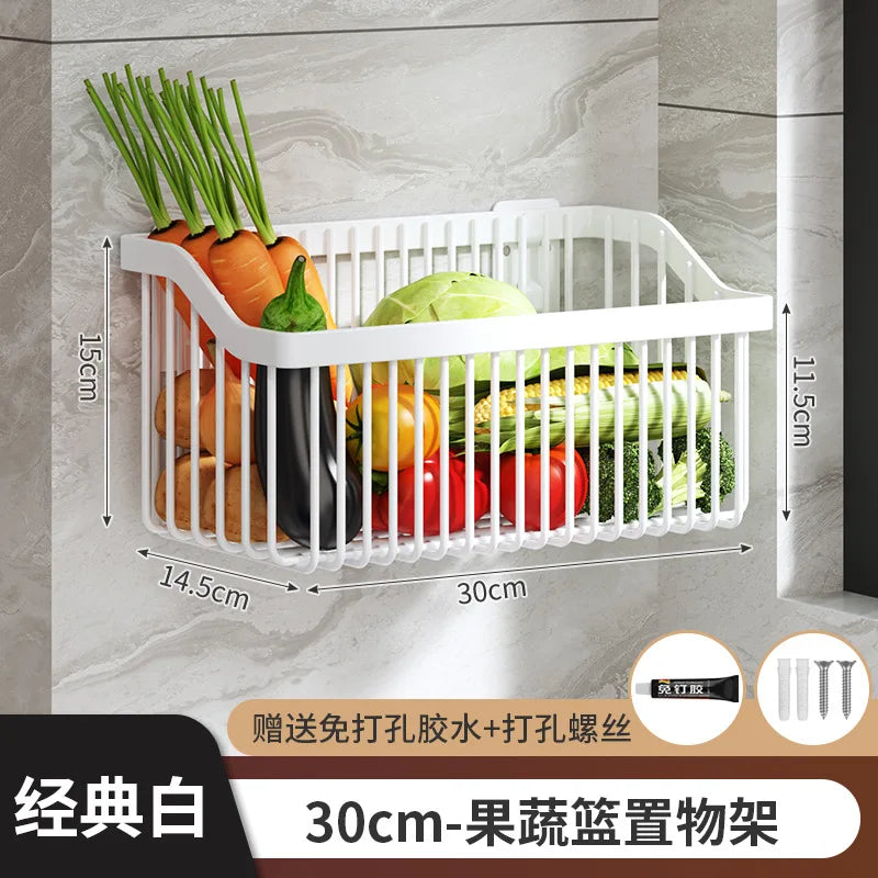 AOBT No-Drill Multifunctional Wall-Mounted Spice Rack Kitchen Storage Organizer Salt Seasoning Jar Vegetable Basket Rack