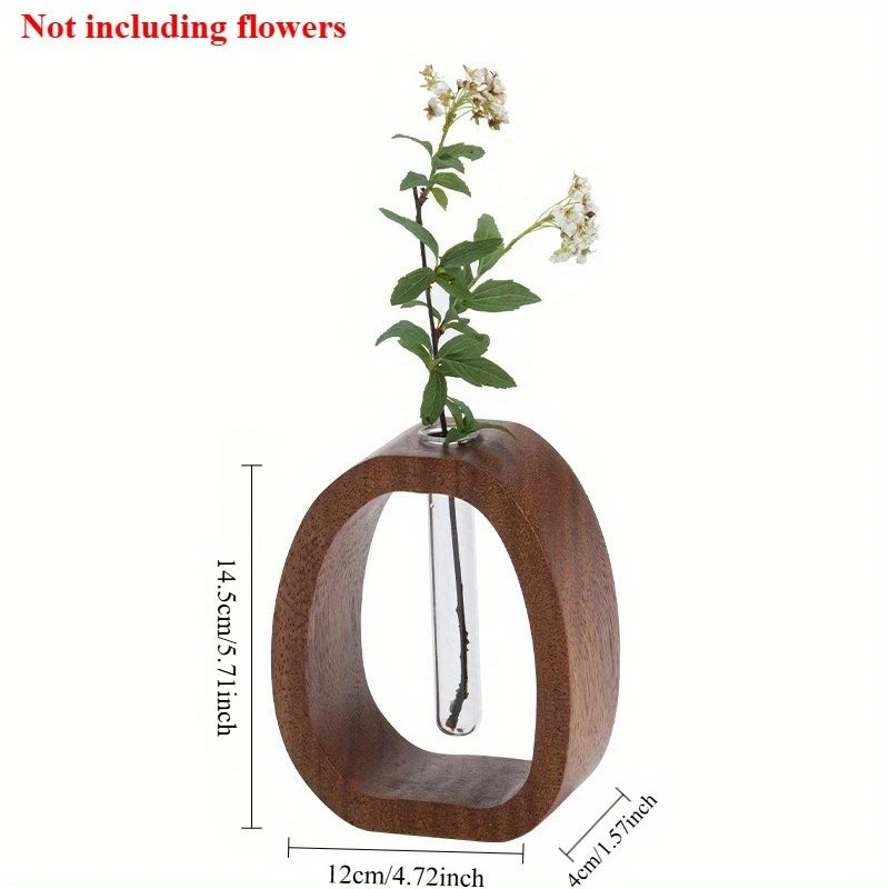 Premium Solid Wood Floral Vase With Glass Plant Insert