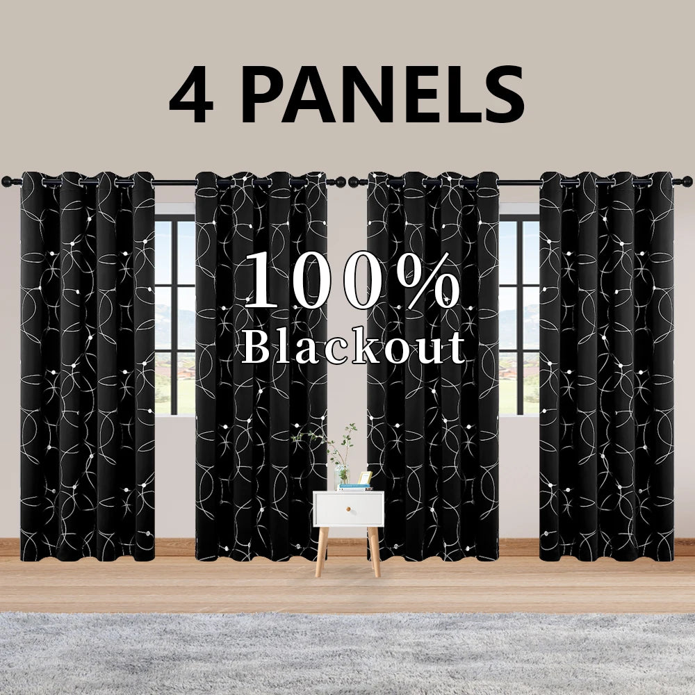 4PCS Blackout Curtains Grommet Thermal Insulated Room Darkening With Circle And Dots Foil Printed
