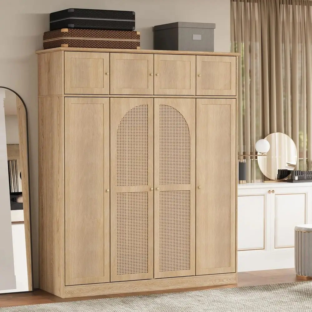 70.87 Tall Rattan Wooden Wardrobe with Hanging Rod and Adjustable Shelves, Natural