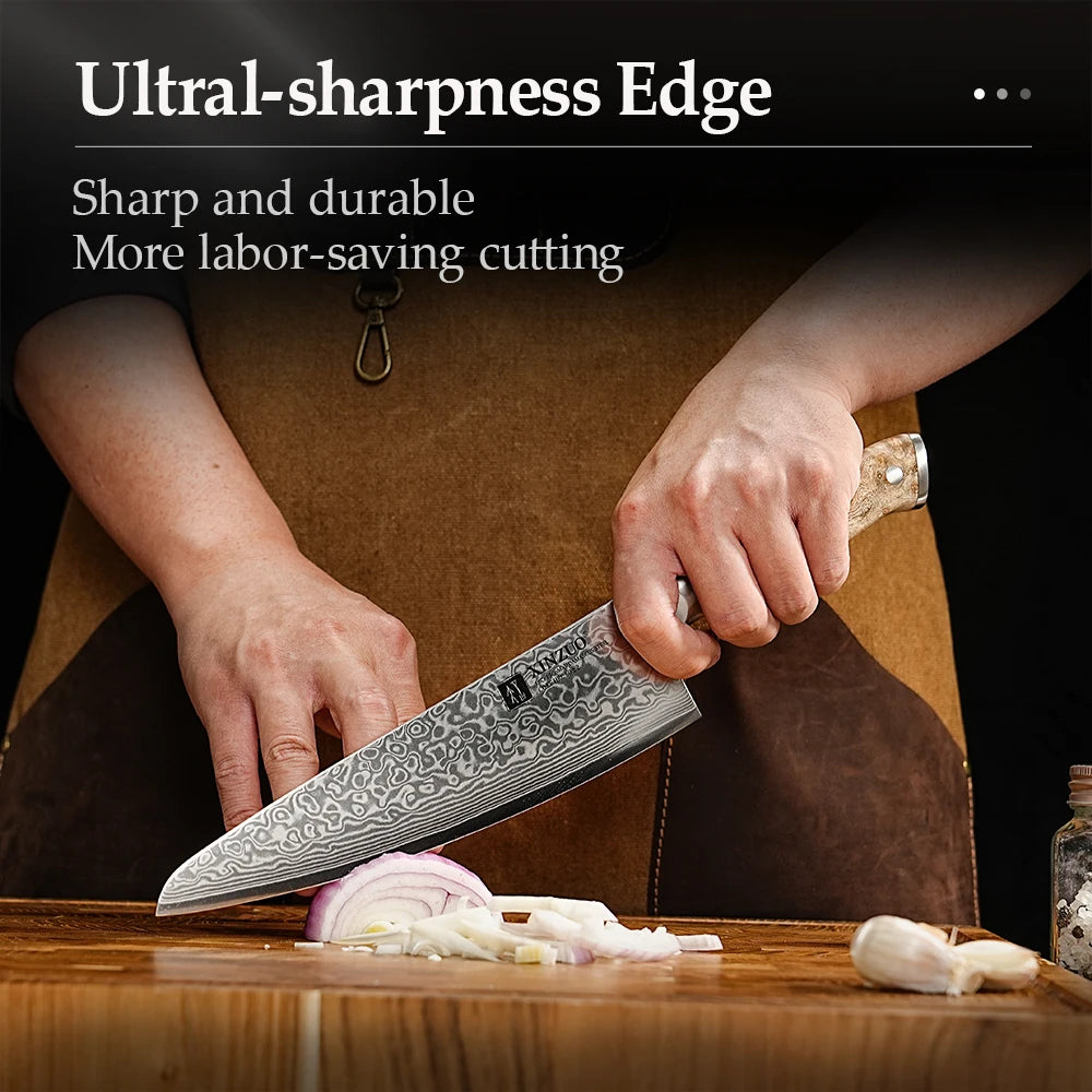 XINZUO 1-3PCS Damascus Steel Knife Set Chef Santoku Utility Knives 67 Layers Super Steel Figured Sycamore Brass Rivets 60HRC