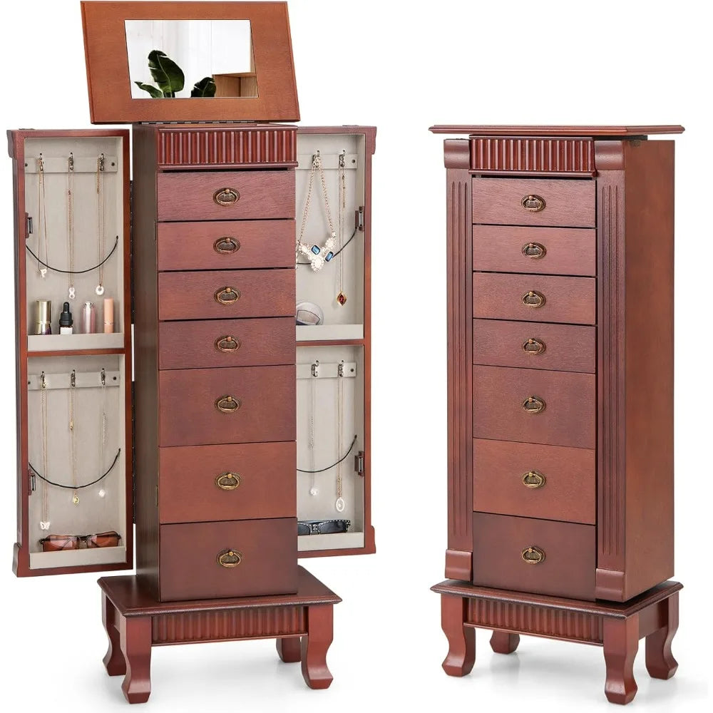 Standing Jewelry Armoire Cabinet Storage Chest with Seven Drawers Two Side Doors Twelve Necklace Hooks Makeup Mirror and Top Divided Compartment