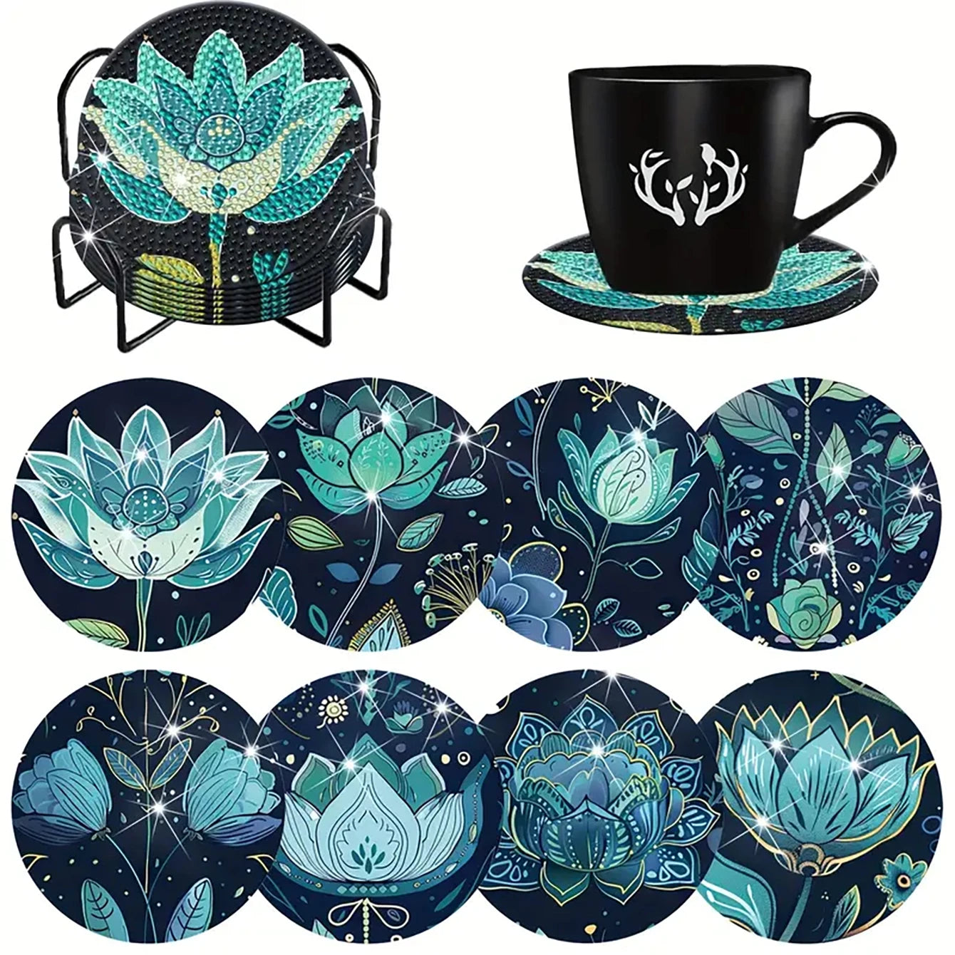 8 pieces/set animal horse pattern diamond painted coaster set with holder DIY coaster beginner coaster, craft supplies gift