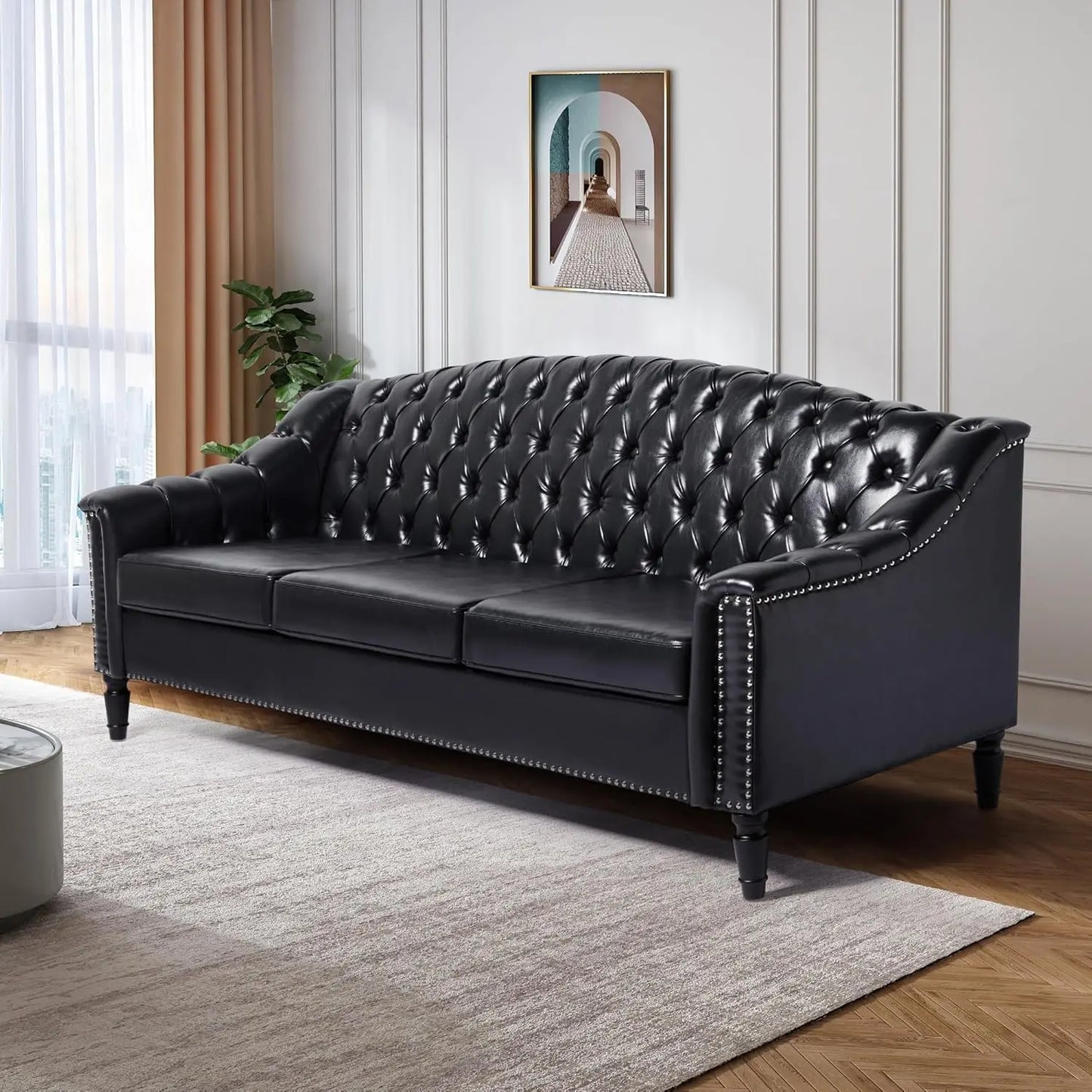 Mid-Century Modern Leather Sofa Chesterfield With Sleeper