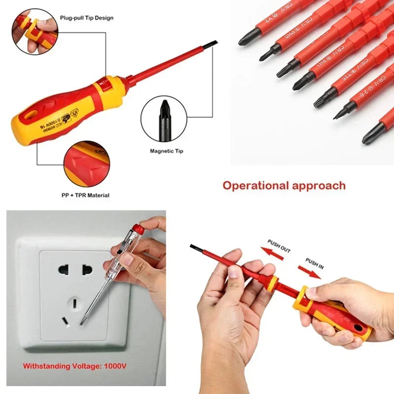 13/15pcs 1000V Electrician Repair Tools Kit Changeable Insulated Screwdrivers Set Magnetic Slotted Bits Repair Tool Electrician