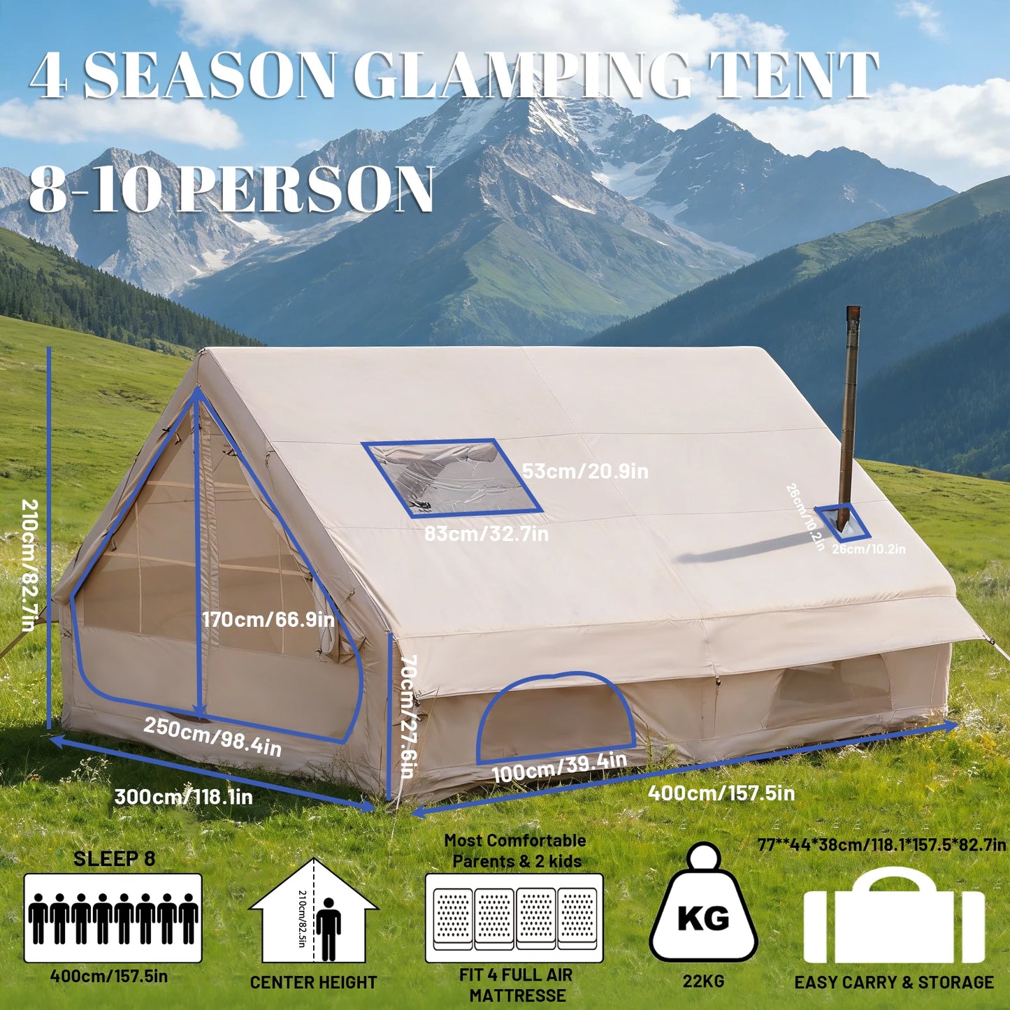 PAKICETUS Large Luxury Inflatable Glamping Tent with Manual Hand Pump, Easy Setup 4 Season Anti-Snow Spacious Family Shelter, Weatherproof Air Tent for Outdoor Camping, Backyard Party & Wilderness Adventure