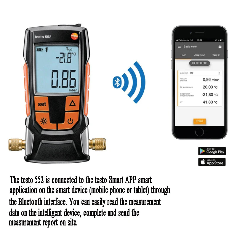 Testo 552 Digital Vacuum Gauge Testo 552i Smartphone App Controlled Wireless Air Conditioning Refrigeration Systems Vacuum Probe