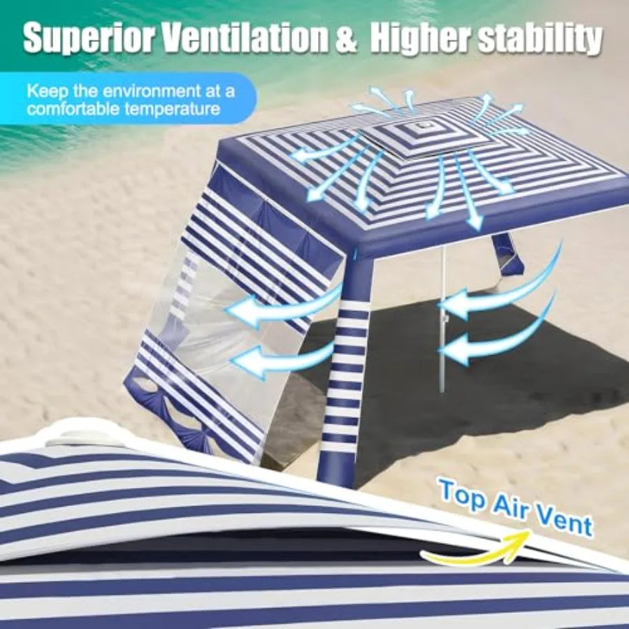 Beach Cabana Tent for outdoor use, polyester fabric, beige, UPF 50+ sun protection, foldable with adjustable height, 8'×8' size