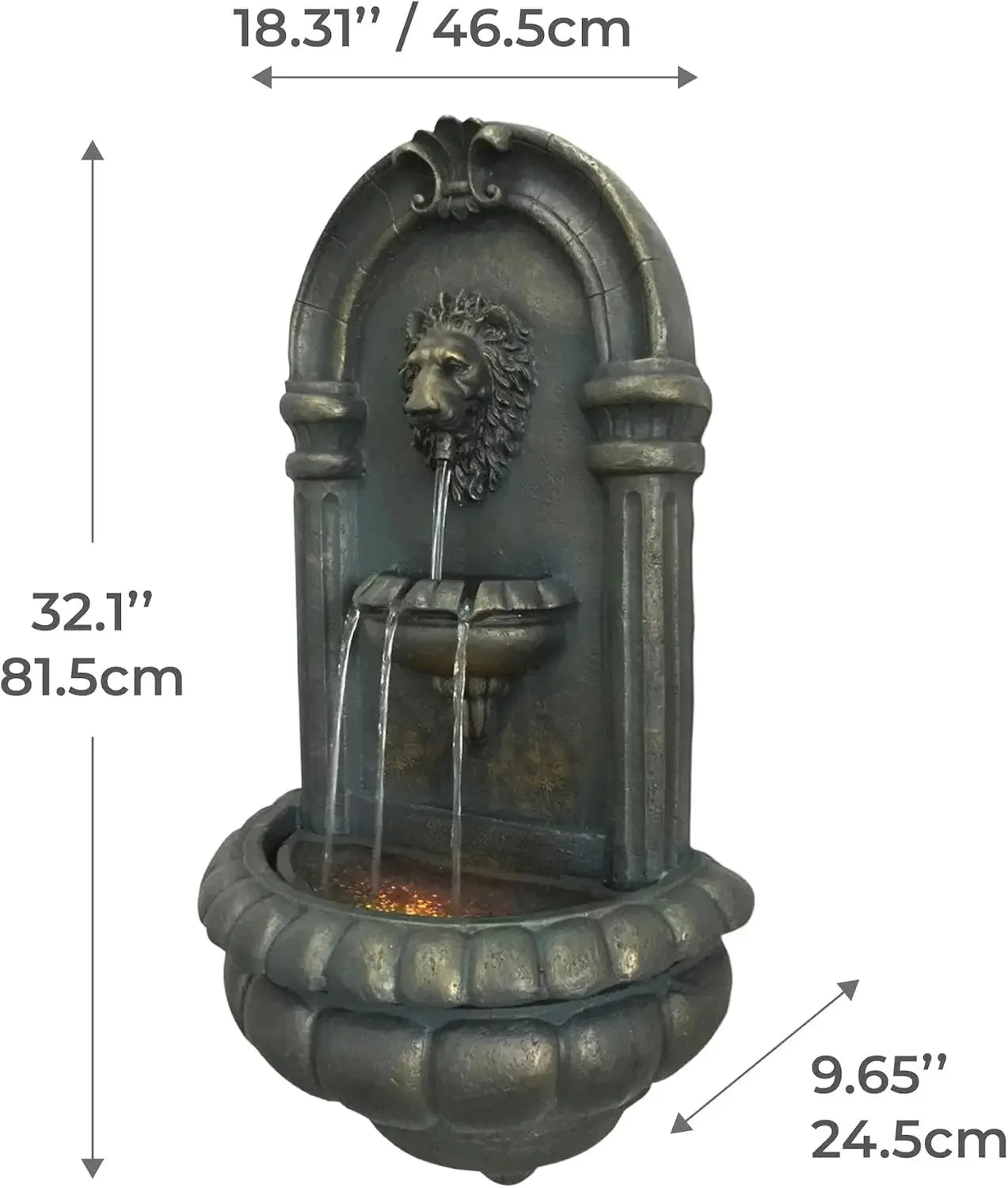 32.1 in. Wall-Mounted Lion Head Stone LED Outdoor Water Fountain for Gardens, Landscaping, Patios, Balconies, Lawns to Create a