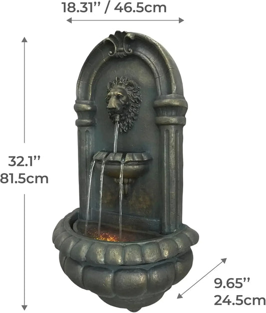 32.1 in. Wall-Mounted Lion Head Stone LED Outdoor Water Fountain for Gardens, Landscaping, Patios, Balconies, Lawns to Create a