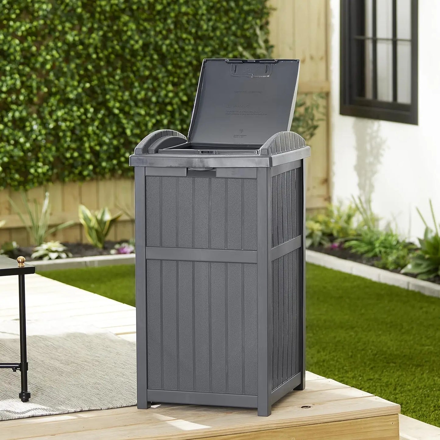 Suncast 30 Gallon Outdoor Trash Hideaway Resin Refuse Container Lid Cyberspace Concealed Waste Storage Patio Backyard Garden