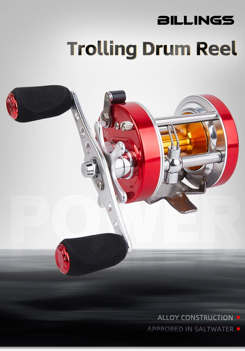 BILLINGS Trolling Drum Fishing Reels 20LB Max Drag  6+1BB 4.2:1/5.2:1 Gear Ratio CNC Aluminum Spool Smooth Right Hand Baitcaster Reel for Freshwater Saltwater