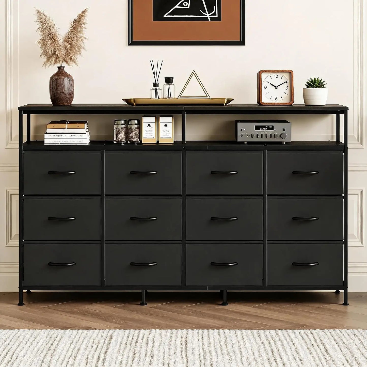 63 Inch Long Dresser For Bedroom With 12 Drawers And 2 Open Cubbies MDF Top And Steel Frame Sturdy Large Chest Of Drawers Also Functions As TV Stand For 65 To 75 Inch TV