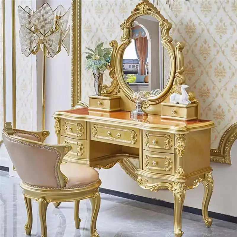 European dresser solid wood carving flower princess bedroom dressing table assembly dark retro American dressing table small apa
