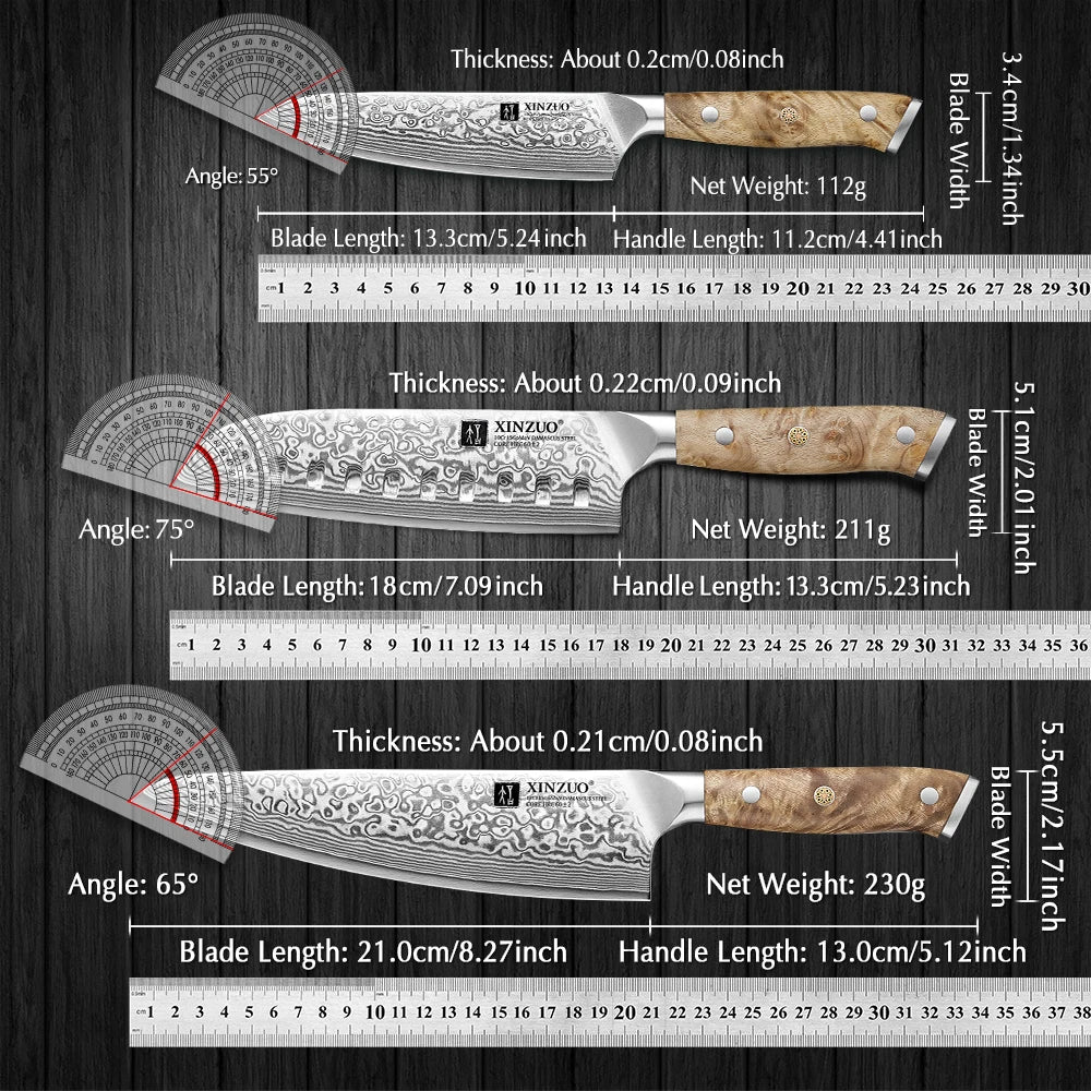 XINZUO 1-3PCS Damascus Steel Knife Set Chef Santoku Utility Knives 67 Layers Super Steel Figured Sycamore Brass Rivets 60HRC