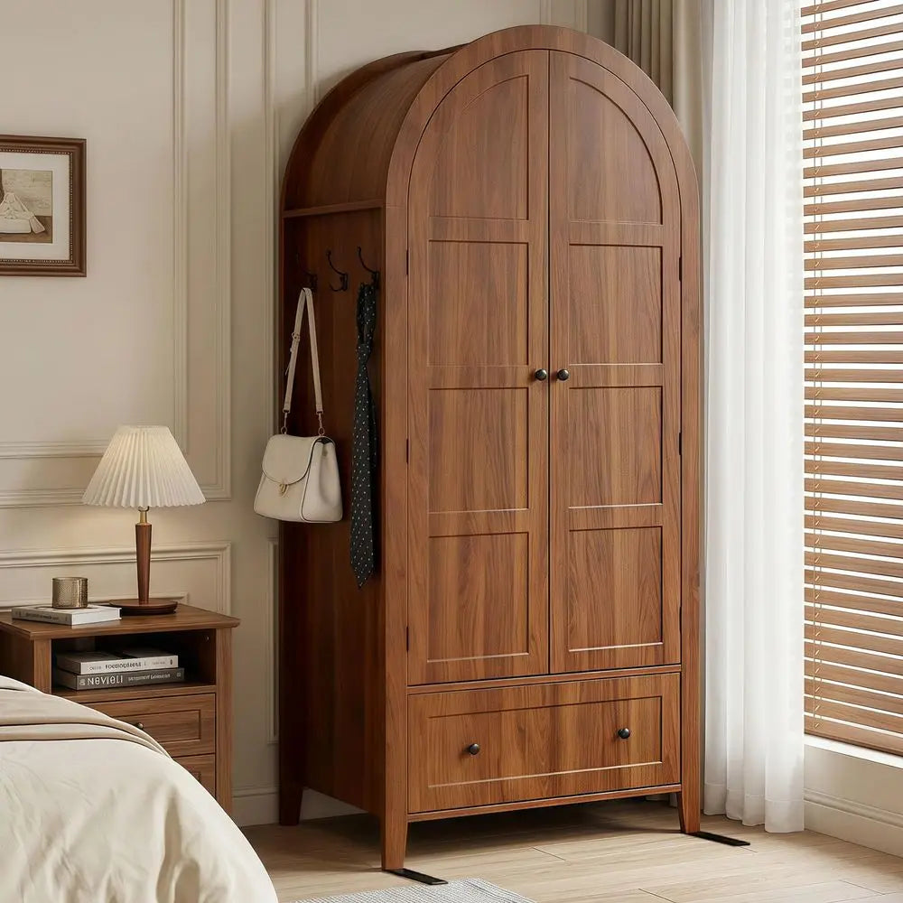 Armoire Wardrobe Closet with Drawer amp 2 Arched Doors, 70.3 Tall Wood Closet Organizer with Hanging Rod amp 3 Hooks, Large Sto