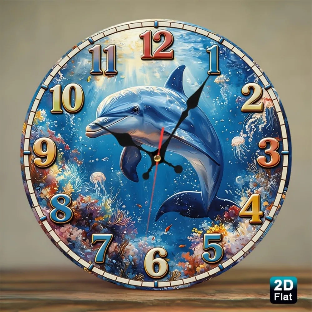 1pc Coral Reef Dolphin Nursery Wall Clock - Silent Non-Ticking Round Room Decor with Wood Frame, Coral Reef & Dolphin Suitable f