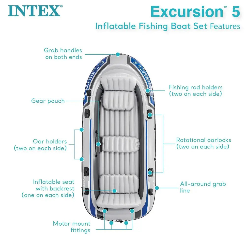 Excursion 5 Person Inflatable Outdoor Fishing Raft Boat Set with 2 Aluminum Oars and Air Pump with a Composite Motor Mount Kit