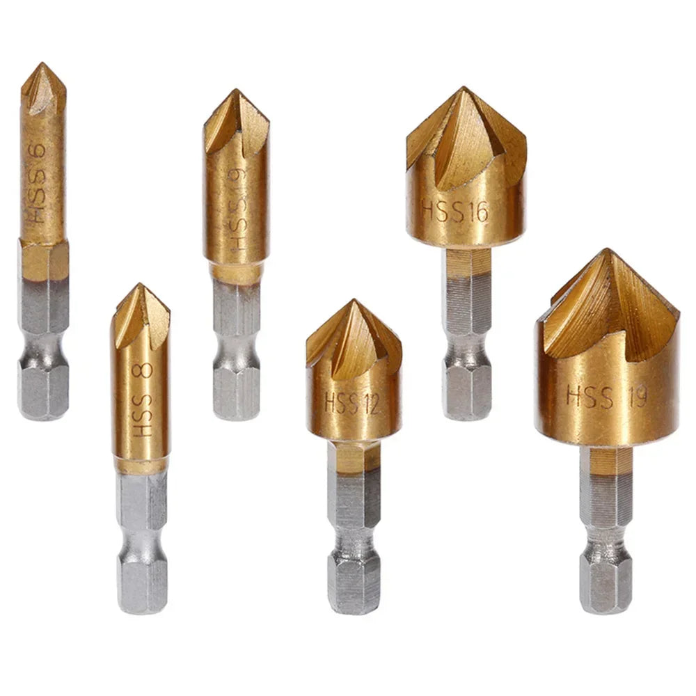 6pcs 1/4'' Countersink Drill Bit Set Hex Shank HSS 5 Flute Countersink 90 Degree Wood Chamfering Cutter Chamfer Tools 6mm-19mm