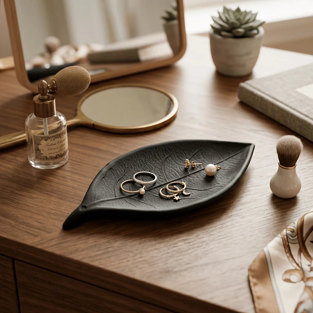 Minimalist 3D Leaf Jewelry Dish, Decorative Vanity Tray for Ring, Necklace & Bracelet Storage, Elegant Desktop Organizer Display