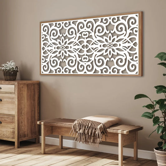 Boho Mandala Wood Wall Art | Hand-Carved Floral Zen Sculpture | 16"X32" Framed Decor for Living Room, Bedroom & Office | Tranqui
