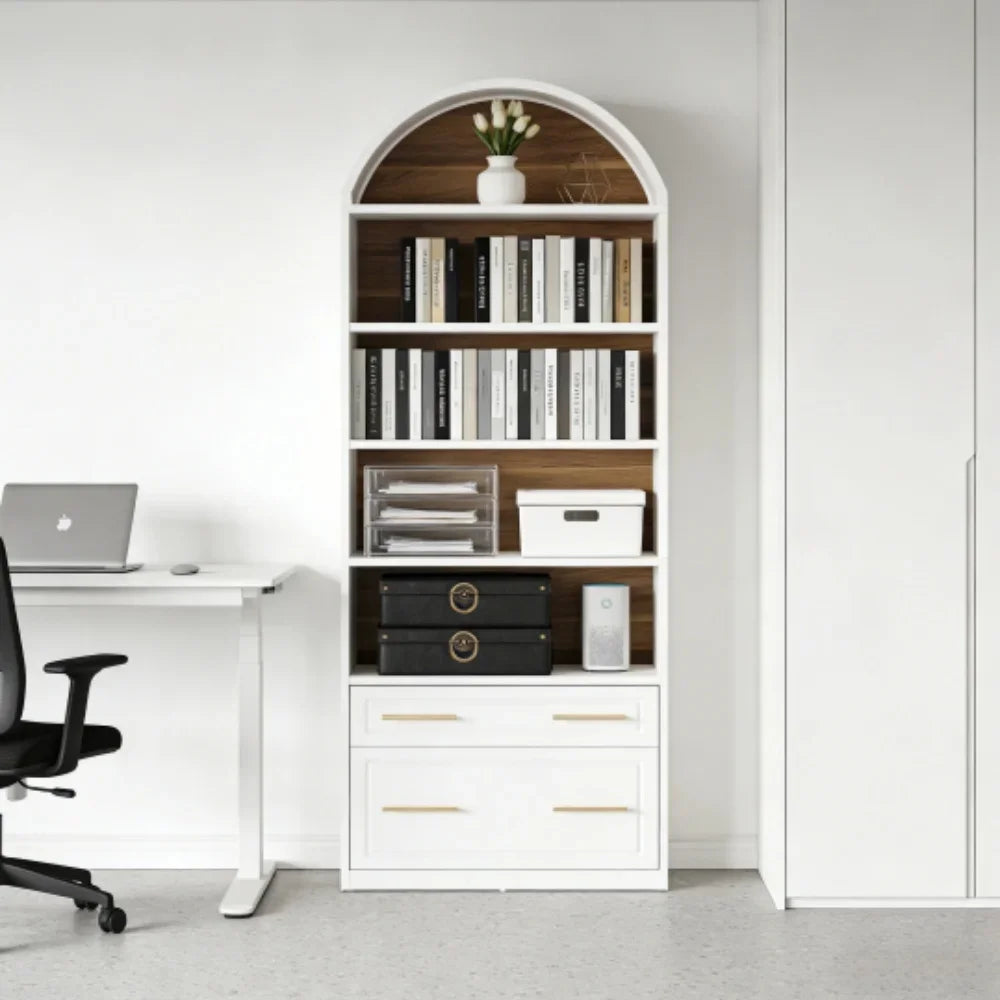 l Arched Bookcase Set of 2, 5-Tier Bookshelf with File Cabinet Drawer, Modern Freestanding Wooden, Customized