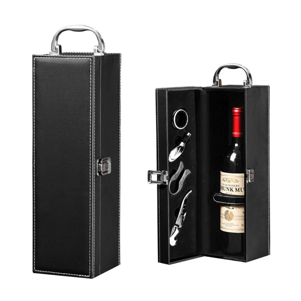 New PU Leather Wine Gift Box with Tools with Handle Portable Carrier Tote with 4 Accessories Set Red Wine Storage Box Gifts