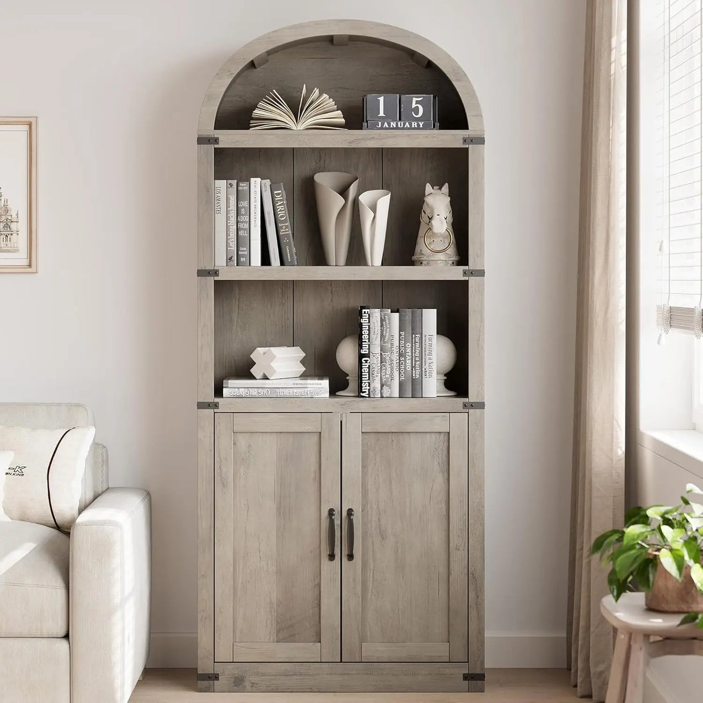 Bookcase with Doors Arched Bookshelf 71.65in Tall Bookcase Farmhouse Cabinet with Shelves Wooden Bookshelves for Home Office
