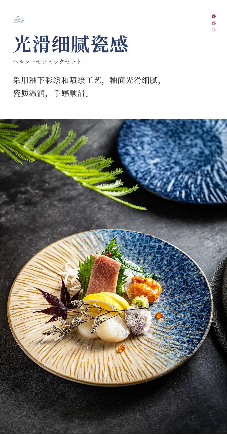Ceramic Steak Plates Set Dinnerware Underglaze Flat Round Plates for Home Kitchen Restaurant Service