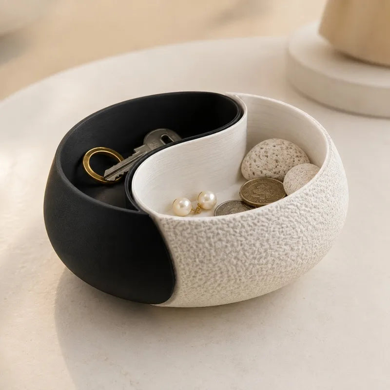 3D Printed Black & White Yin-Yang Storage Bowl, Double Compartment Jewelry Tray & Key Holder, Modern Zen Decor, For Desk, Booksh