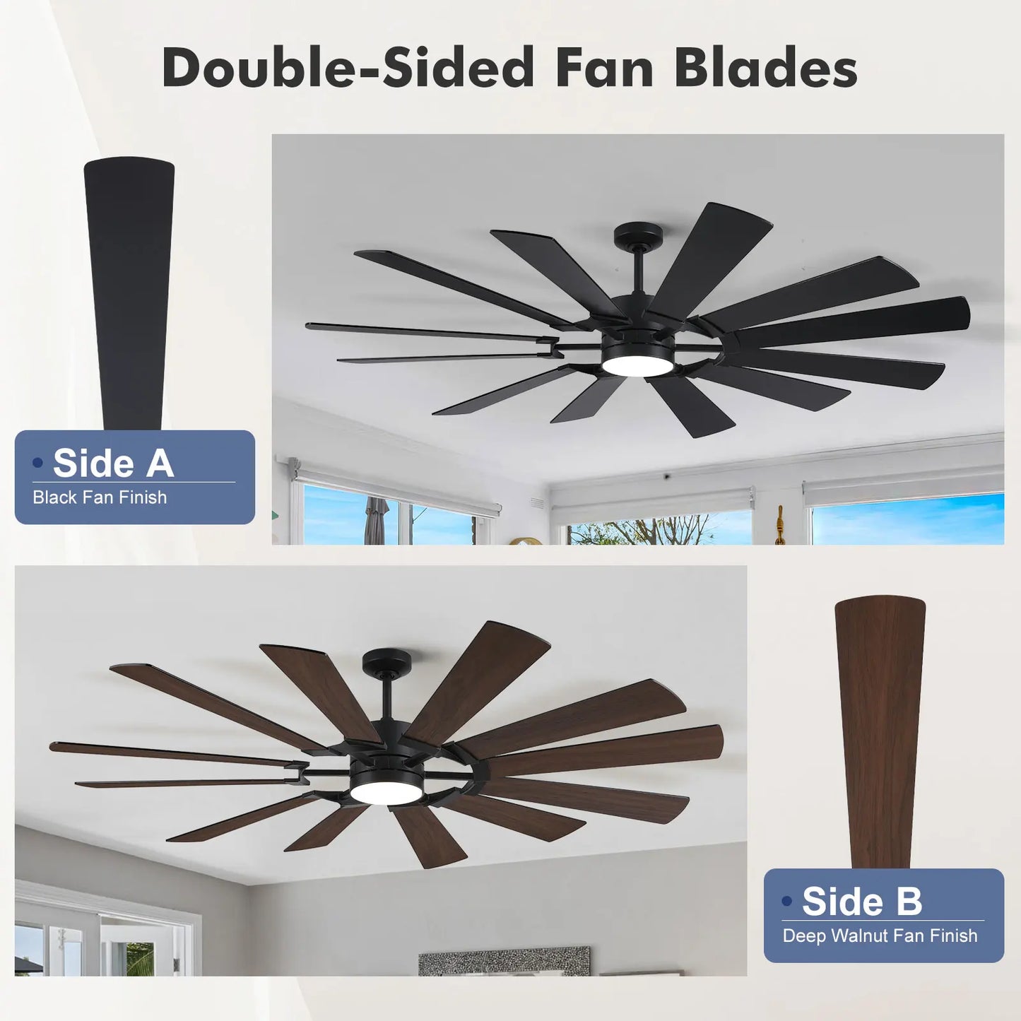 62/72in Industrial Ceiling Fan with Light & Remote Dual-finish Blades Quiet Reversible DC Fan High CFM Energy Efficient 3CCT LED