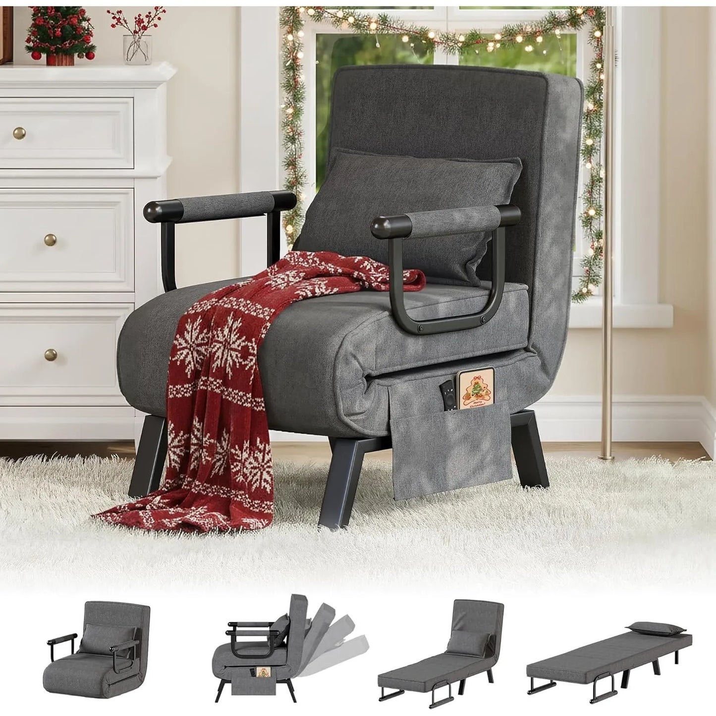 Convertible Sleeper Chair Bed Adjustable Backrest Side Pockets Pillow for Small Spaces Office Dark Grey