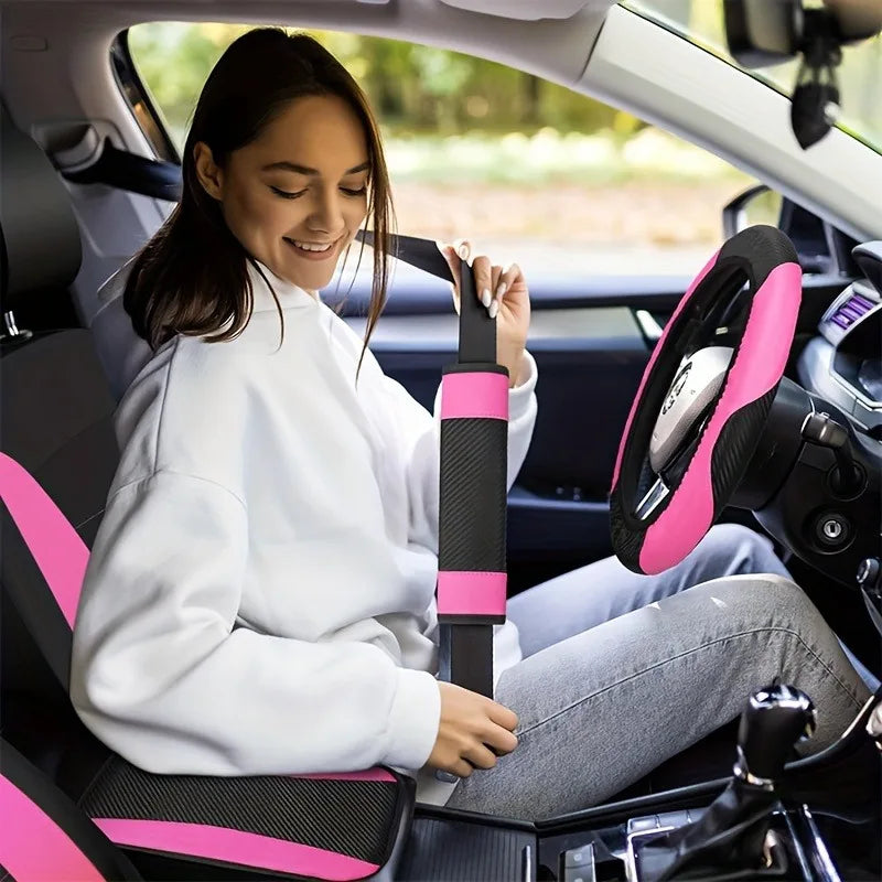 Women's Car Interior 37-Piece Set - Polyester Seat Covers, PU Steering Wheel Cover, Shoulder Pads, Decorative Strips  etc