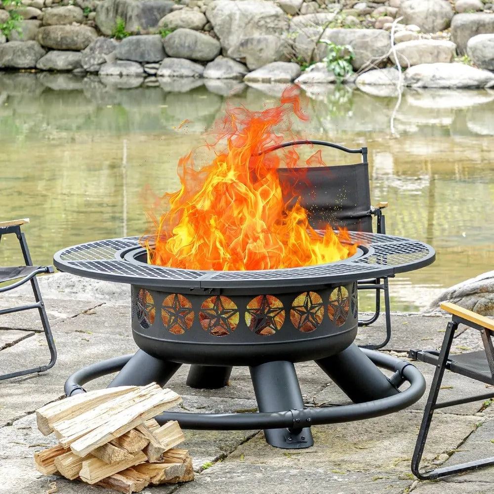 47 Inch Outdoor Fire Pit with 2 Grills, Extra Large BBQ Firepits for Outside, Metal Round Fire pits with Lid&Fire Poker,3 in 1 W