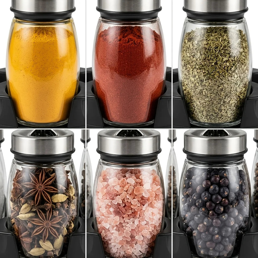 Spice Rack Set with Glass Jars | Kitchen Seasoning Organizer | Compact Rotating Countertop Storage Rack