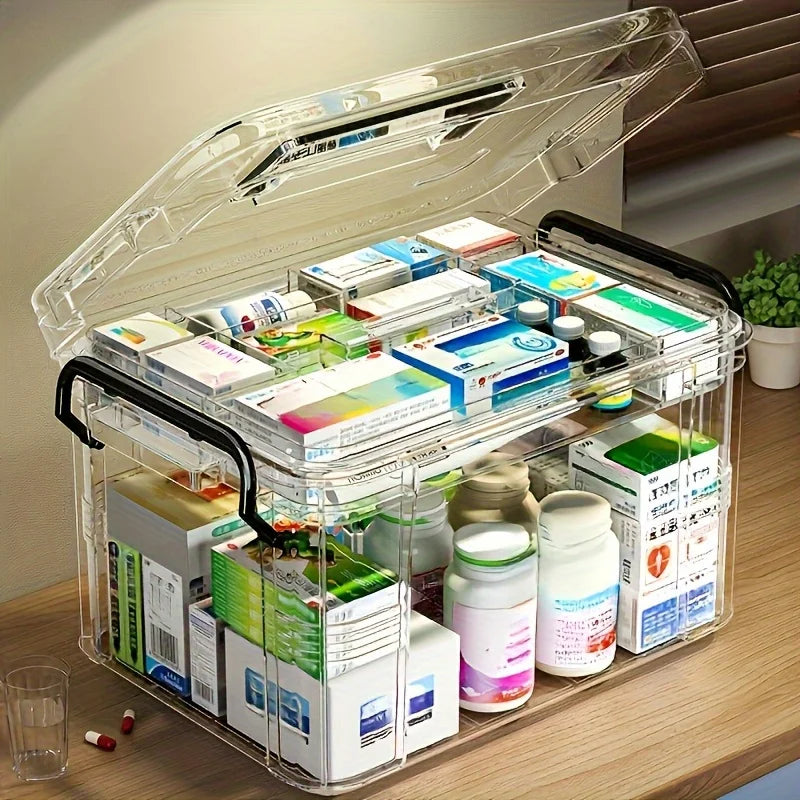 Clear Medicine Organizer Storage Box with Tray, Thickened Medicine Container Chest, Multipurpose Medical Case with Labels